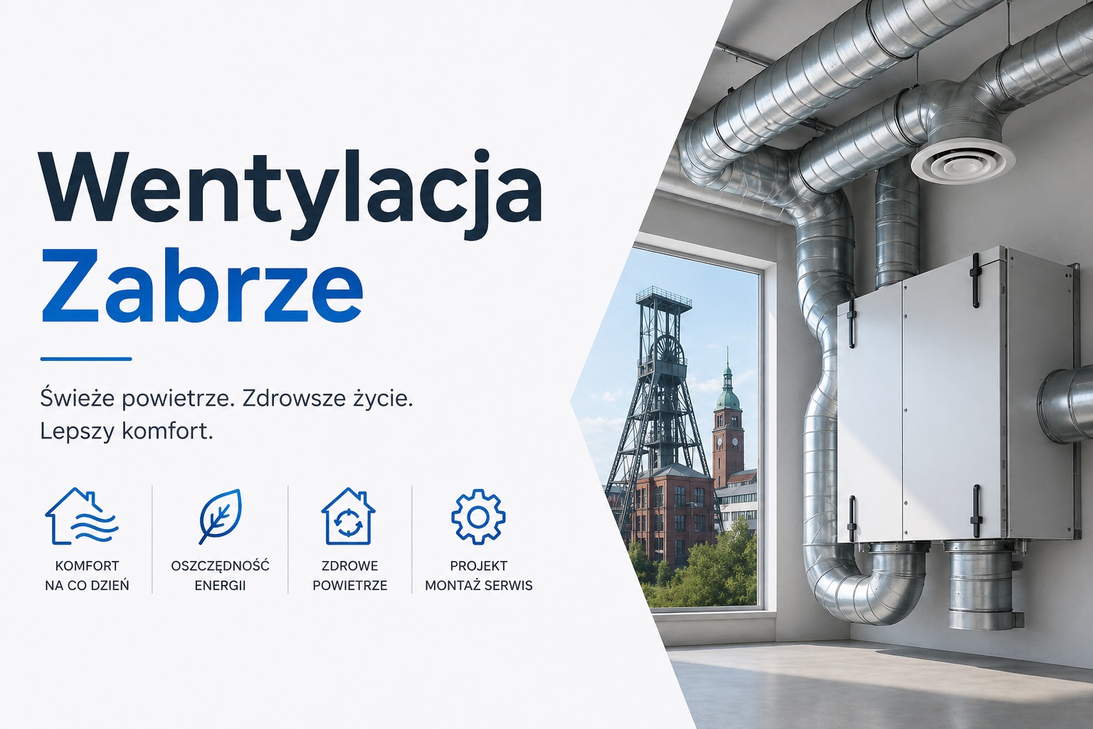 Nowoczesna grafika ofertowa dla usługi wentylacji w Zabrzu, z widocznymi kanałami wentylacyjnymi, centralą, nawiewnikiem oraz panoramą miasta Zabrze za oknem; więcej informacji o projektowaniu, montażu i serwisie instalacji można znaleźć na stronie AirClean.