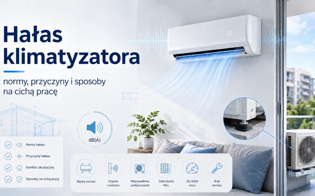 Nowoczesny klimatyzator ścienny w jasnym salonie, jednostka zewnętrzna na balkonie, oznaczenia dB(A), wykres fali dźwiękowej i ikony przyczyn hałasu, takich jak drgania, brudne filtry czy błędny montaż; więcej informacji na ten temat znajdziesz na blogu AirClean.