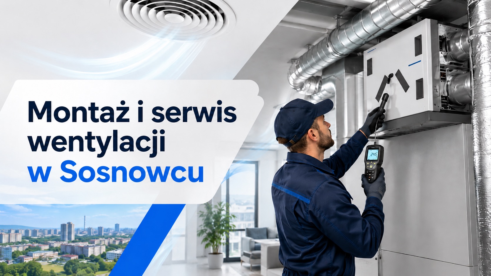 Montaż i serwis wentyalcji w Sosnowcy z AirClean Technik AirClean wykonuje pomiary i serwis centrali wentylacyjnej przy kanałach instalacji, a grafika promuje montaż i serwis wentylacji w Sosnowcu dla domów, biur i obiektów usługowych; więcej informacji znajdziesz na stronie AirClean.