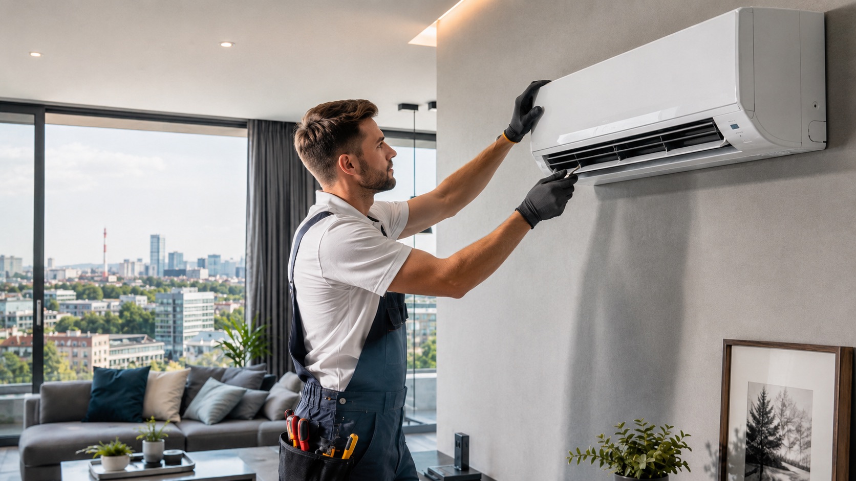 Instalator w rękawicach kończy montować na ścianie jednostkę wewnętrzną klimatyzacji w nowoczesnym mieszkaniu z dużymi przeszkleniami i widokiem na zabudowę miejską na Śląsku. Więcej o montażu klimatyzacji na Śląsku znajdziesz na stronie AirClean