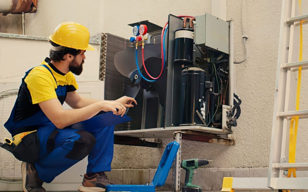 Technik w kasku i odzieży roboczej kontroluje otwarte urządzenie instalacyjne z podłączonym zestawem manometrów; obok leżą narzędzia i stoi drabina. Grafika ilustruje przygotowanie budynku do prac instalacyjnych. Więcej wskazówek znajdziesz na airclean.pl